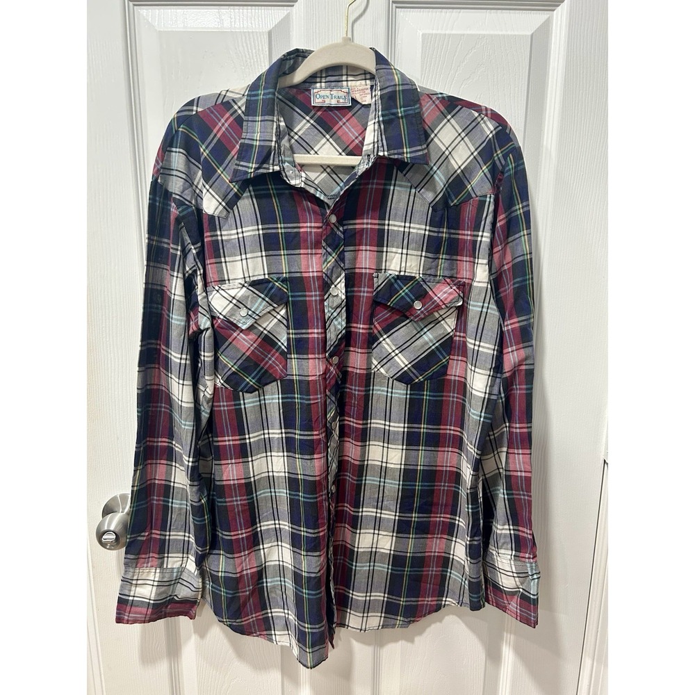 Open Trails Vintage Pearl Snap Plaid Shirt Mens Large